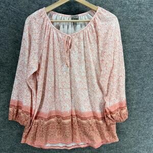 Como Vintage Blouse Women L Large Pink Geometric Long Sleeve Tasseled Rayon